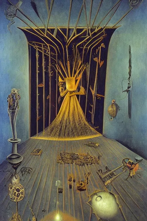 Image similar to surrealist painting by remedios varo full of subtle hints, mystic characters and misleading perspectives, ultrastation hq, 8 l, hyperrealistic, very highly detailed