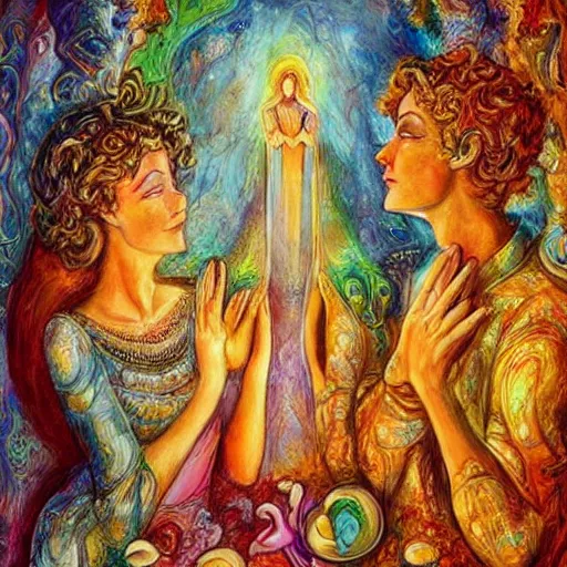 Image similar to ⛪ abstract figurative art, lovers eat, josephine wall, dreamy, muted, pastel colors