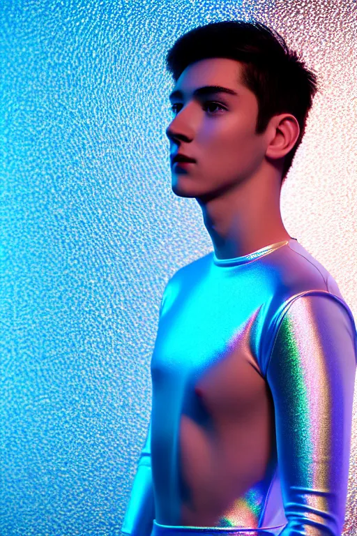 Image similar to un ultra high definition studio quality photographic art portrait of a young man standing on the rooftop of a british apartment building wearing soft loose inflatable padded iridescent pearlescent clothing. three point light. extremely detailed. golden ratio, ray tracing, volumetric light, shallow depth of field. set dressed.