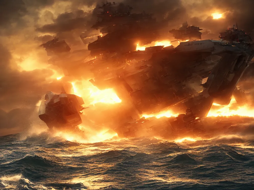 Prompt: breaking apart crashing damaged and on fire mecha battleship sailing alone on a stormy sea at sunset,large waves, explosions, battletech, octane render , cinematic