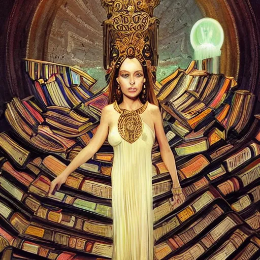 Image similar to a portrait of ornella muti as the goddess minerva surrounded by stacks of books, bioluminescent gown with deep level of detail of esoteric symbols, urban motifs, intricate, elegant, highly detailed, digital painting, trending on artstation, concept art, smooth sharp focus, illustration, art by artgerm and greg rutkowski