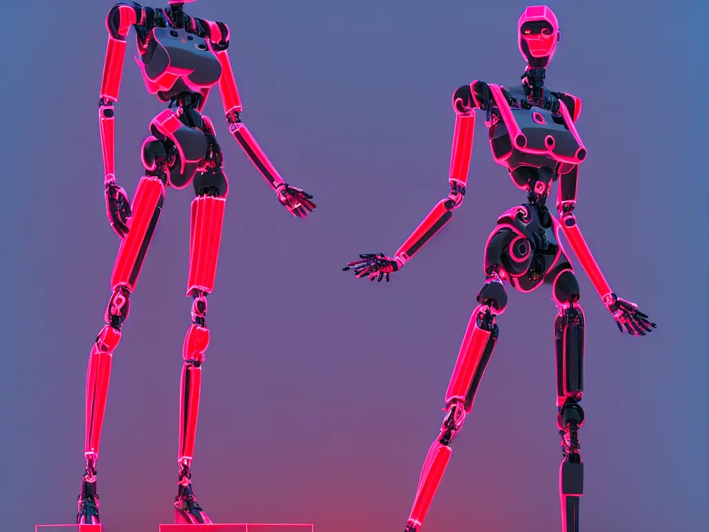 Prompt: beautiful tall female robot printed with red and black 3 d geometrical neon + guarding a wall of computers!!!!!!!!!! + flowering vaporwave orchids transcendent, clean linework, dramatic, finely detailed, 4 k, trending on artstation, photorealistic, award winning, volumetric lighting, octane render