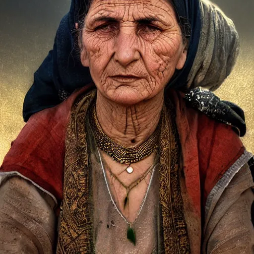 Image similar to hyperrealistic mixed media high resolution image of a beautiful Kurdish grandmother, stunning 3d render inspired art by István Sándorfi and Greg Rutkowski and Unreal Engine, perfect symmetry, dim volumetric lighting, 8k octane beautifully detailed render, post-processing, extremely hyper-detailed, intricate, epic composition, highly detailed attributes, highly detailed atmosphere, full body shot, cinematic lighting, masterpiece, trending on artstation, very very detailed, masterpiece, stunning, flawless structure, lifelike texture, perfection,