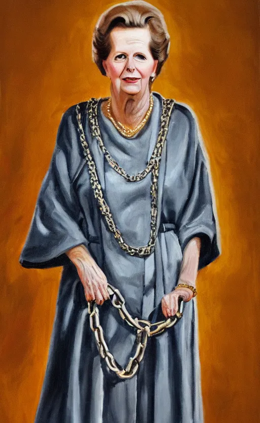 Image similar to an oil portrait of margaret thatcher in ceremonial robe keeping distressed servals in chains at her feet, high quality, artstation, higly detailed, dark lighting