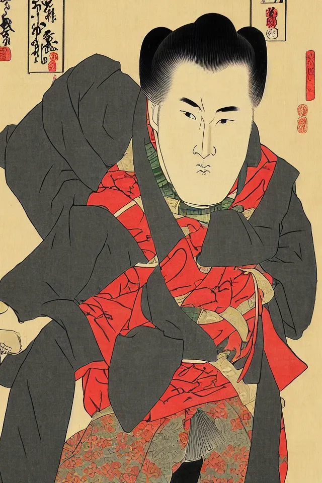 Image similar to a portrait of chow yun - fat in samurai armor, in the art style of ukiyo - e, sengoku - era art style, artistic 4 k