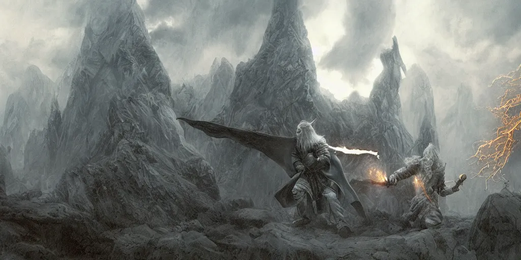 Image similar to Fight between Gandalf and the Balrog in the evening, detailed matte painting, cinematic, Alan Lee, Artstation