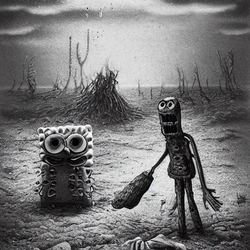 Image similar to spongebob squarepants in style of zdzisław beksinski, standing in wasteland, horror art, creepy, desolate, spongebob, spongebob, spongebob, spongebob