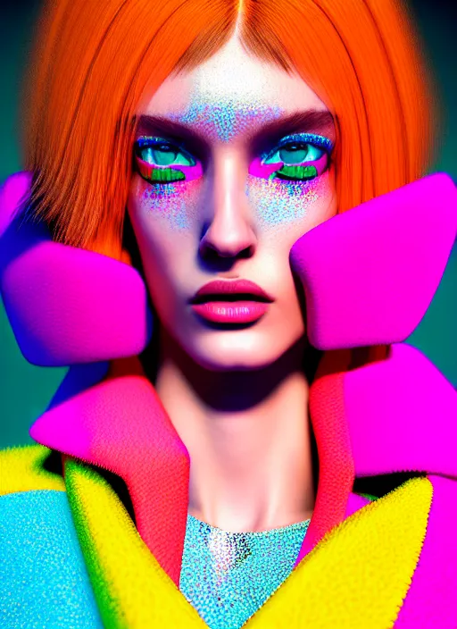 Prompt: stylish coat for a rave, bright colors, many details, prints, photo for a magazine, photo for a store, fashion photography, Vogue, 135 mm, cinematic, hyper realism, high detail, octane render, 8k, chrome accents, very coherent symmetrical artwork, perfect face model, full length photo, Upper and lower body, even skin tone