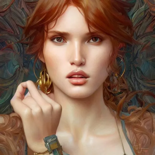 Image similar to ultra realistic illustration, bella thorne, pouting, intricate, elegant, highly detailed, digital painting, artstation, concept art, smooth, sharp focus, illustration, art by artgerm and greg rutkowski and alphonse mucha