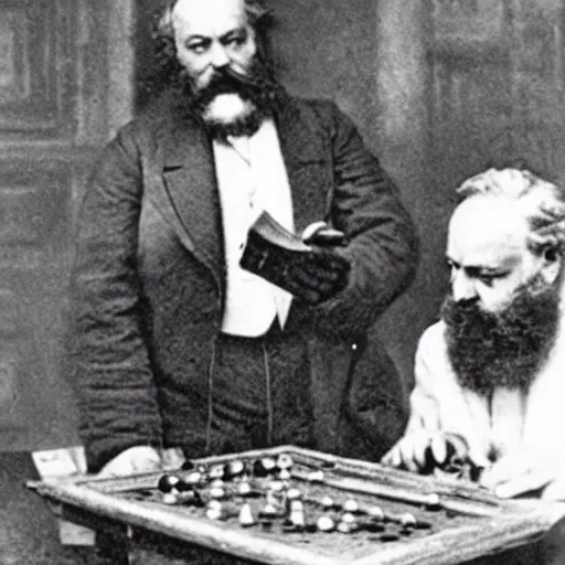 Image similar to Karl Marx playing heroquest, photograph, 1920