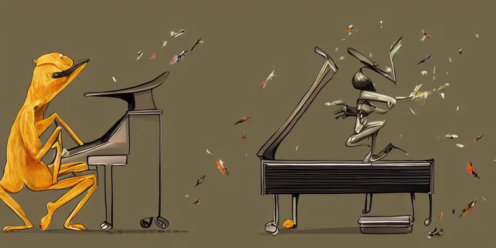 Prompt: a cricket playing a piano like a human, digital art, artstation