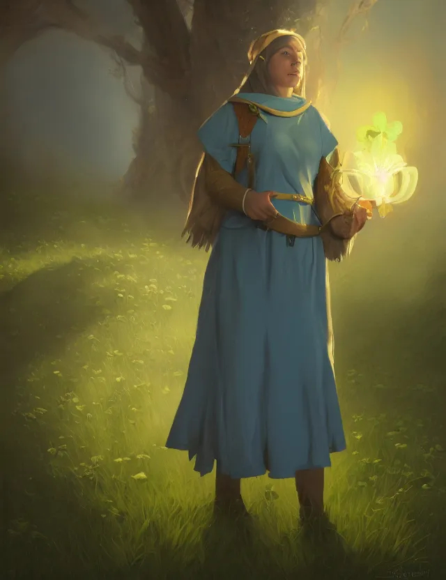 Prompt: priestess of trefoils, tinfoil and clovers. oil painting by award - winning concept artist. backlighting, chiaroscuro.