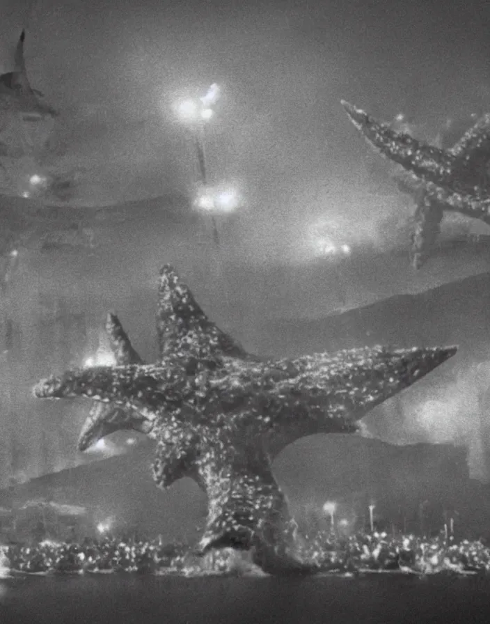 Image similar to a filmstill of a north korean monster movie, kaiju - eiga monster starfish - like trampling a traditional korean palace, foggy, film noir, video compression