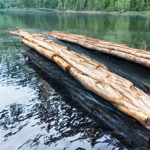 Image similar to primitive wooden dock on a lake coast with primitive rowboats docked at it, bushcraft, made of logs