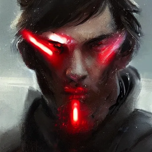 Image similar to portrait of a man by greg rutkowski, mixture between russian and japanese, black messy hair, star wars expanded universe, he is about 2 0 years old, wearing red tactical gear of the galactic triunvirate, highly detailed portrait, digital painting, artstation, concept art, smooth, sharp foccus ilustration, artstation hq