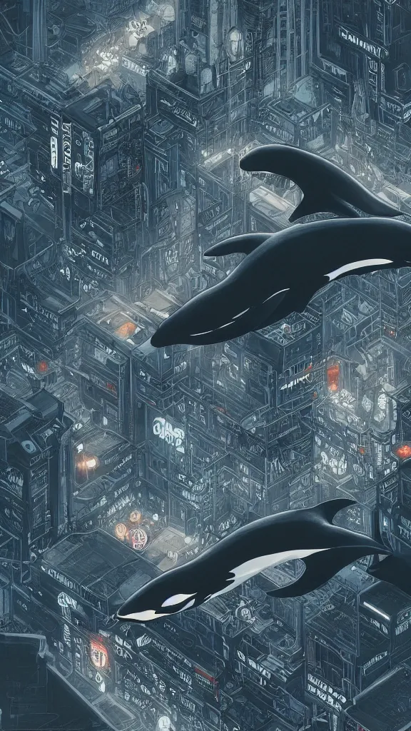 Prompt: highly detailed illustration of an orca flying over a cyberpunk city at night by nico delort, moebius, oliver vernon, joseph moncada, damon soule, manabu ikeda, 4 k resolution