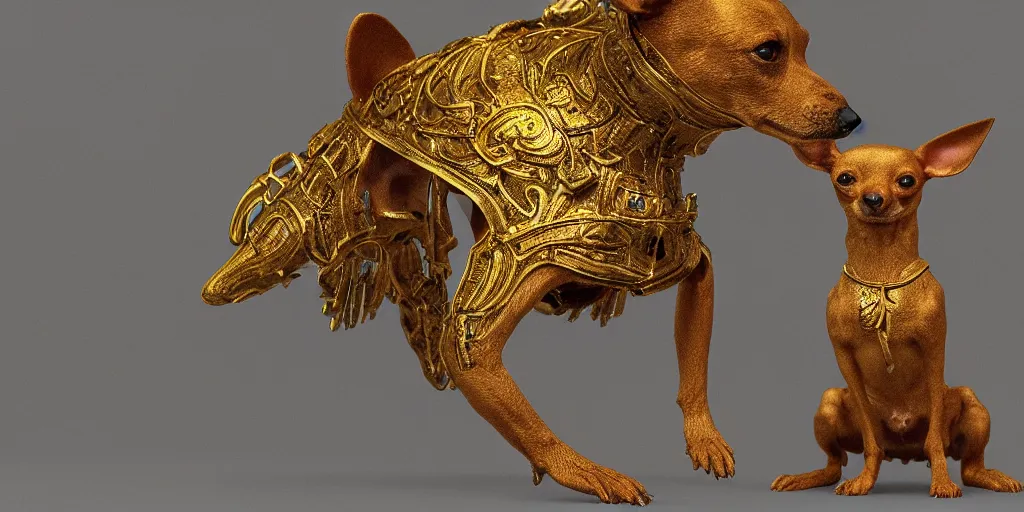 Image similar to humanoid Chihuahua pinscher mix in golden ornamented armor, ears, white particles, dark souls style, Fantasy Style, cinematic light, 35mm camera lens, with ZBrush, by Zdzislaw Beksinski