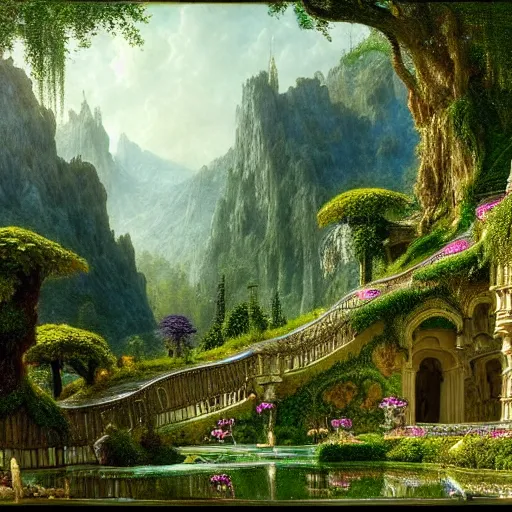 Prompt: a beautiful and highly detailed matte painting of an dwarf garden palace in a breath taking forest in a deep valley in the beautiful mountains of avalon, intricate details, epic scale, insanely complex, 8 k, sharp focus, hyperrealism, very realistic, by caspar friedrich, albert bierstadt, james gurney, brian froud,