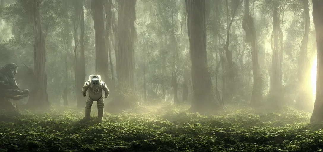 Image similar to an astronaut visiting a complex organic fractal 3 d metallic symbiotic ceramic humanoid megastructure creature in a swampy lush forest, foggy, sun rays, cinematic shot, photo still from movie by denis villeneuve, wayne barlowe