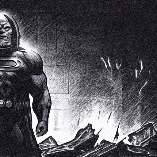 Prompt: darkseid in a dark suit with glowing eyes standing in front of a fire, a photocopy by zack snyder, cgsociety, antipodeans, # vfxfriday, reimagined by industrial light and magic, movie still