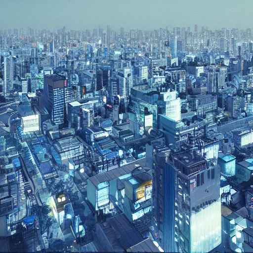 Prompt: a view of busy tokyo with cerulean and blue shades, cinematic, cinematic lighting, octane render, 8k hd artwork, featured on artstation