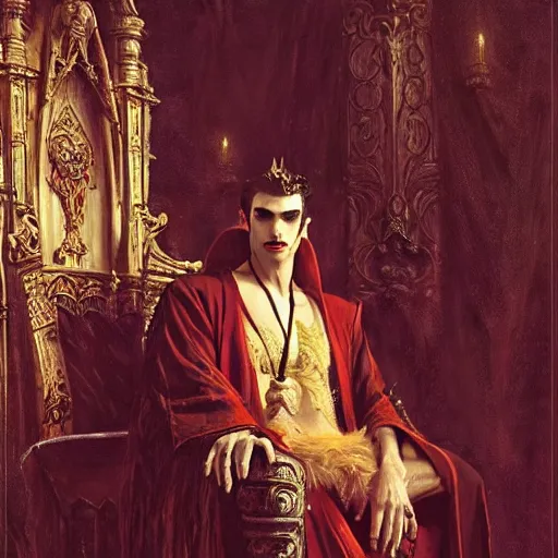 Image similar to perfectly centered portrait of attractive vampire king in a robe sitting on a throne of bones, highly detailed painting by gaston bussiere, craig mullins, j. c. leyendecker, 8 k