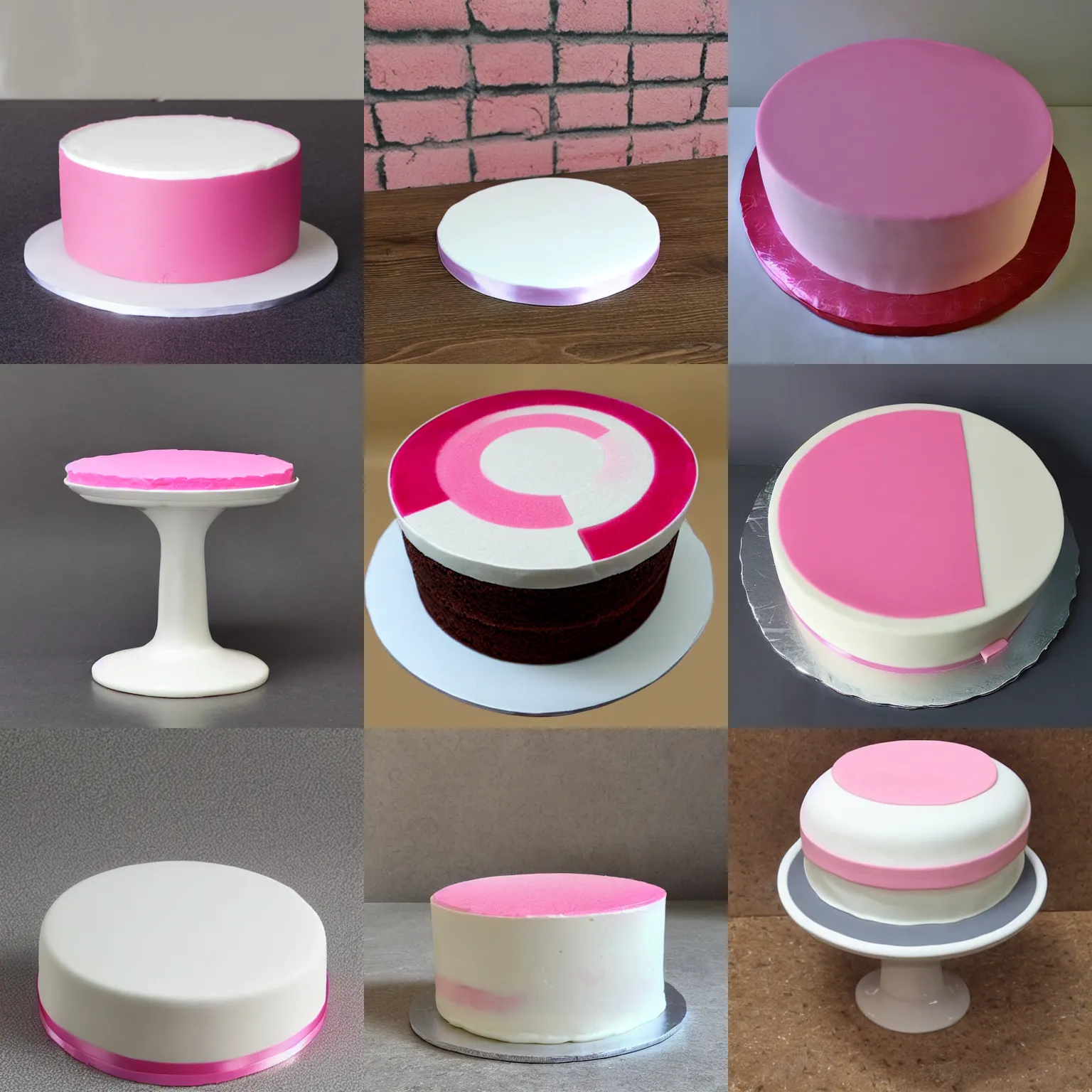 Prompt: double - sided cake base, round, white and pink