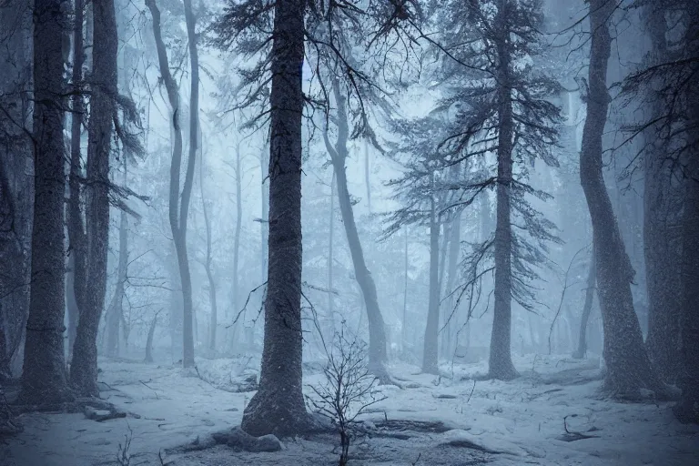Image similar to creepy eldritch monster in a swedish forest in the winter, very low angle photograph, very detailed, trending on artstation, realistic, soft colors, simon stålenhag, lovecraft, horror