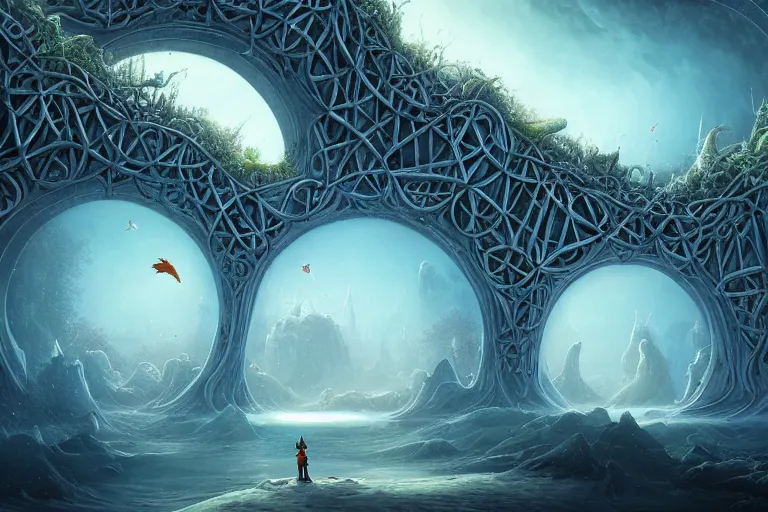 Prompt: beguiling epic stunning beautiful insanely detailed matte painting of a bridge through arctic dream worlds designed by heironymous bosch, structures inspired by heironymous bosch's garden of earthly delights, surreal ice interiors by cyril rolando and asher durand and natalie shau, whimsical, intricate