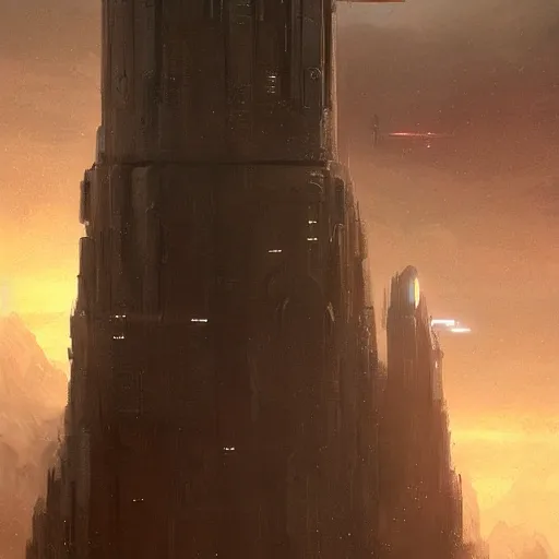 Image similar to star wars concept art by greg rutkowski, a palatial and imposing technological dark tower in the middle of a highland landscape, enigmatic atmosphere, beautiful and cinematic lighting, artstation hq.