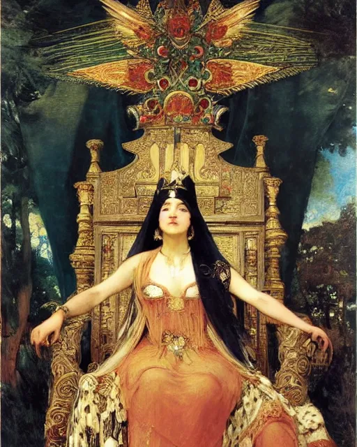 Prompt: an illustration of a queen on a throne at night by frederick arthur bridgman, by georgia o keeffe, by gustave moreau, by bouguereau, realistic, detailed, oil painting, 1 9 th
