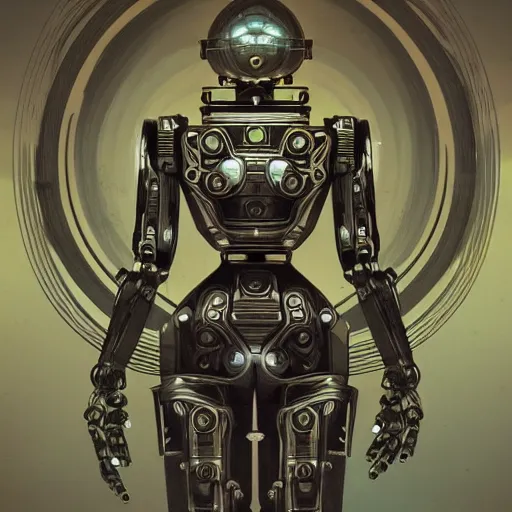 Image similar to robot, 70s sci-fi, highly detailed, dark enlightenment, alchemy, nigredo, deep aesthetic, concept art, post process, 4k, highly ornate intricate details, art deco,