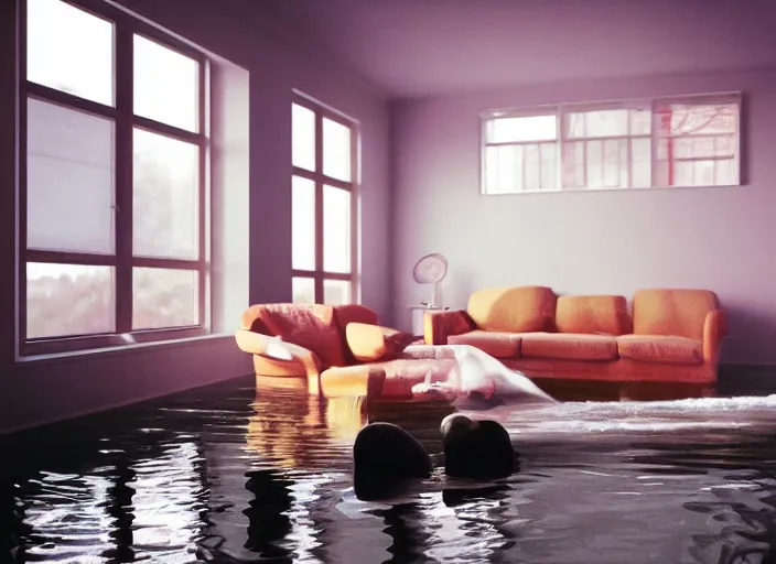 Image similar to kodak portra 4 0 0 photographic and realistic, 8 0 s living room, detailed, octane render, 4 k, hyper realistic, floor flooded, how river, wide angle, 2 8 mm, sharp focus, soft light, volumetric light fog, in the style of gregory crewdson