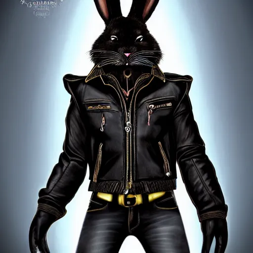 Prompt: An anthro furry anthropomorphic bunny wearing a fine intricate leather jacket and leather jeans and leather gloves, the bunny has a determined look in his eyes, human eyes, trending on FurAffinity, energetic, dynamic, digital art, highly detailed, FurAffinity, high quality, anthro, anthropomorphic, furry, digital fantasy art, FurAffinity, favorite, character art