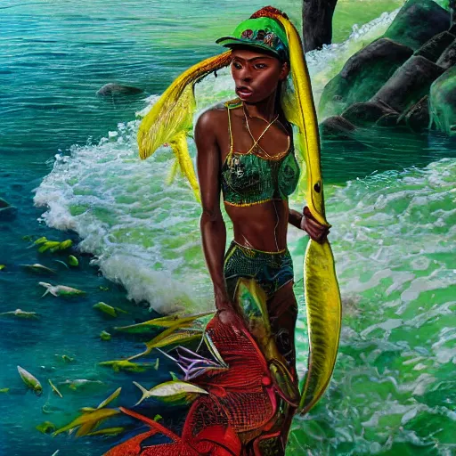 Prompt: Fisherman, Jamaican, Illustration, Third-Person View, Depth of Field, Colorful with Yellow Green Black Red, insanely detailed and intricate, hypermaximalist, jamaican vibe, hyper realistic, super detailed, by Charlie Bowater, by Karol Bak