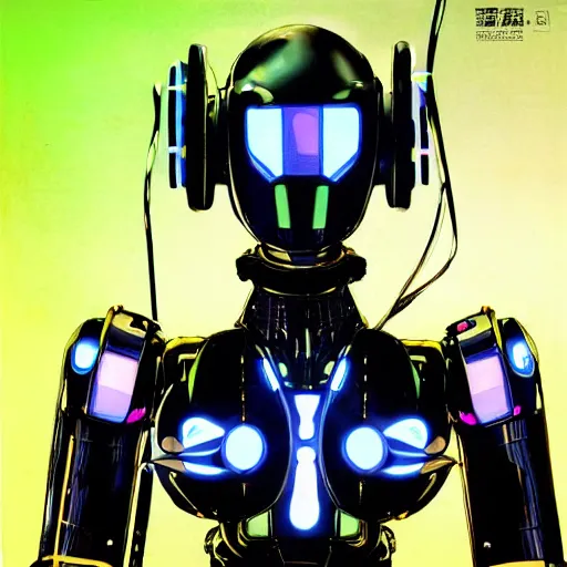 Image similar to the headless full - metal kerberos robot sirius in electrical wired neon yellow noir outfit, with eye - shaped neon lights in its torso, anime poster by yoji shinkawa, artgerm, esao andrews and yoshitaka amano