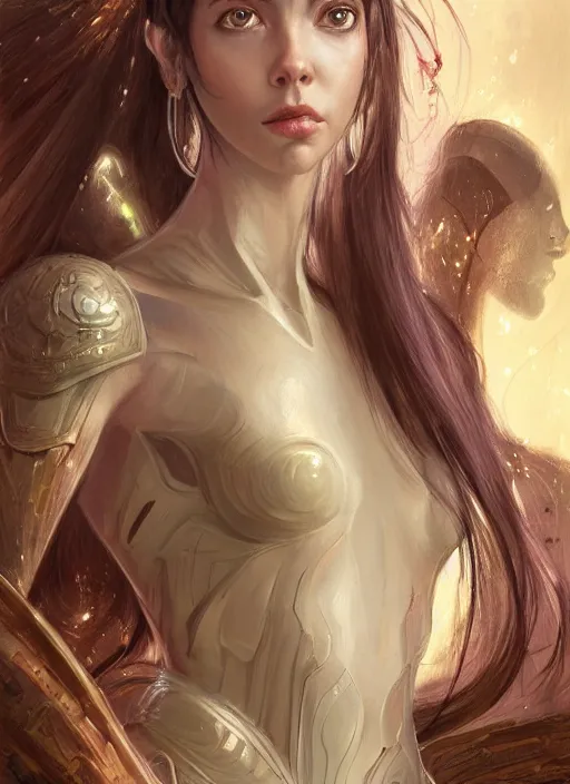 Image similar to a professional painting of a beautiful young female alien, clothed in ethereal armor, olive skin, long dark hair, beautiful bone structure, symmetrical facial features, intricate, elegant, digital painting, concept art, smooth, sharp focus, illustration, from Valerian and the City of a Thousand Planets, by Ruan Jia and Mandy Jurgens and Artgerm and William-Adolphe Bouguerea