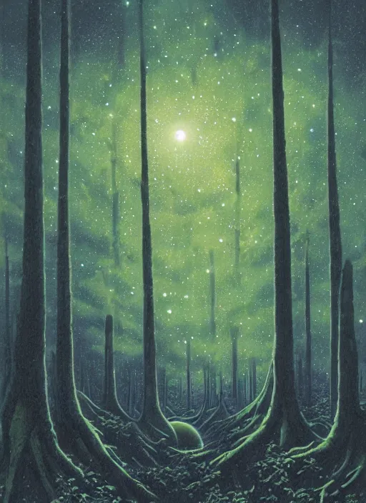 Prompt: a lush forest on an alien planet, night sky with planets, by Les Edwards