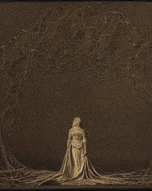 Prompt: a woman standing at the shore, made of intricate decorative lace leaf skeleton, in the style of the dutch masters and gregory crewdson, dark and moody