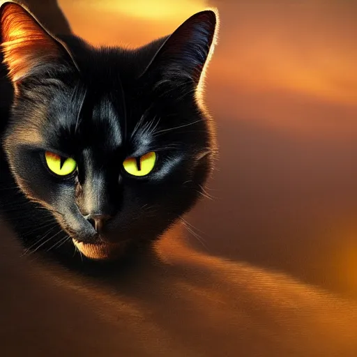 Image similar to magic black energy cat, golden hour, fantasy, sharp focus, digital art, hyper realistic, 4 k, unreal engine, highly detailed, hd, dramatic lighting by brom, trending on artstation