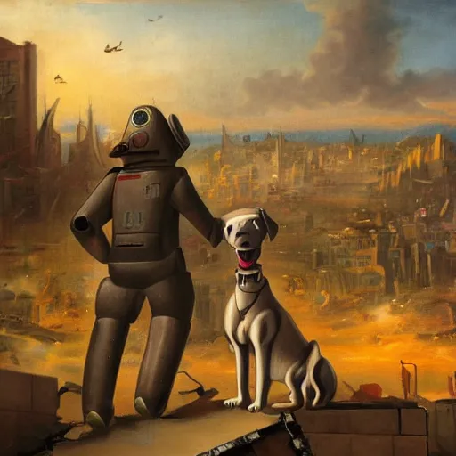 Prompt: a dog and a robot watching destroyed city from a rooftop, painting