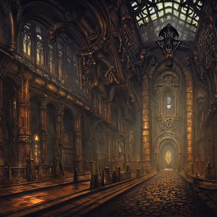 Image similar to steam necropolis, memento mori, gothic, neo - gothic, art nouveau, hyperdetailed copper patina medieval icon, stefan morrell, philippe druillet, ralph mcquarrie, concept art, steampunk, unreal engine, detailed intricate environment, octane render, moody atmospherics, volumetric lighting, ultrasharp, ominous, otherworldly