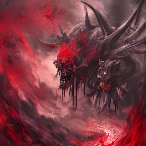 Image similar to super mad and with extrem anger filled demon god in hell, oppressive and dark amotsphere with many shadows, blood and dark red highlights, dramatic horror concept art by aleksandra waliszewska and aoi ogata