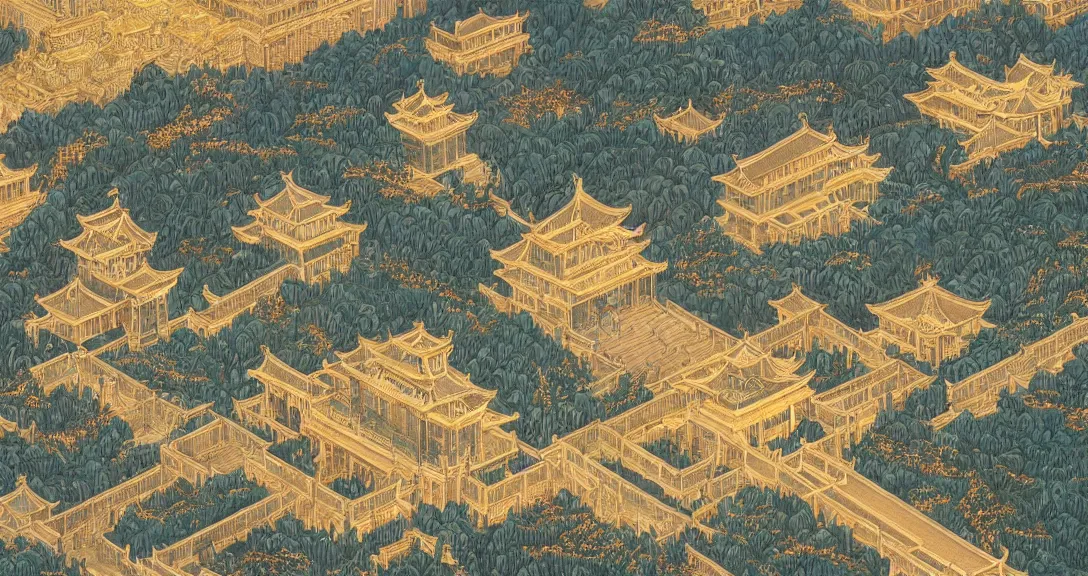 Image similar to amazing exquisite matte painting, close - up portrait of a chinese heavenly palace, sacred, shimmer, exquisite detail, huge details, gold detailed line embellishment, by victo ngai and yukii morita,, james jean, trending on artstation