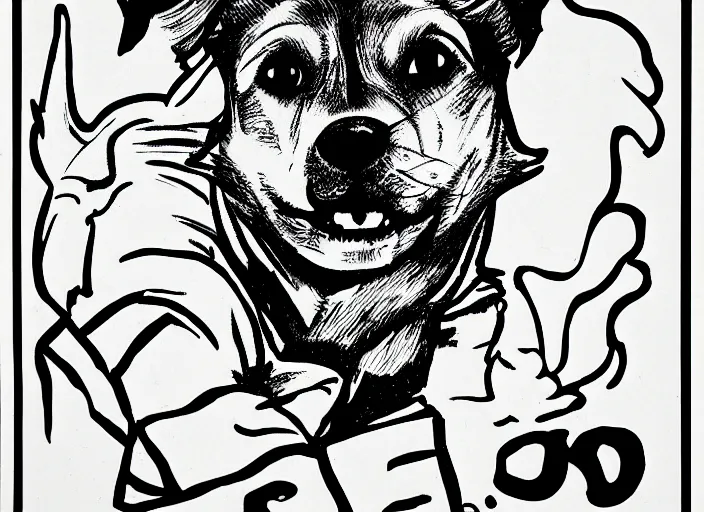 Image similar to communist propaganda poster of a dog. black ink outline