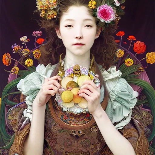 Image similar to a masterpiece ultrarealistic ultradetailed portrait of beautiful love, jewelry genius, witch girl on fruits street market baroque renaissance. medium shot, intricate, elegant, by stanley artgerm lau, wlop, alphonse mucha, rossdraws, andrei riabovitchev, yoshitaka amano. flower background my james jeand and takashi murakami.