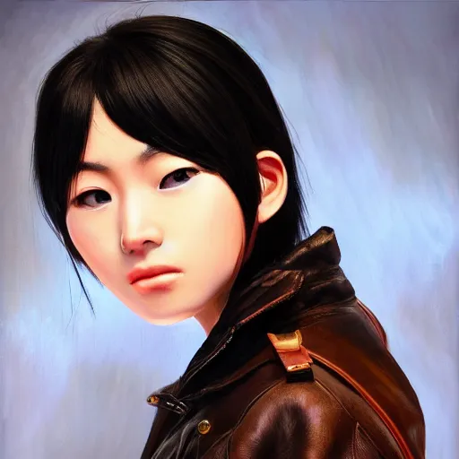 Image similar to perfect, realistic oil painting of close-up japanese young woman wearing leather jacket, in Guild Wars