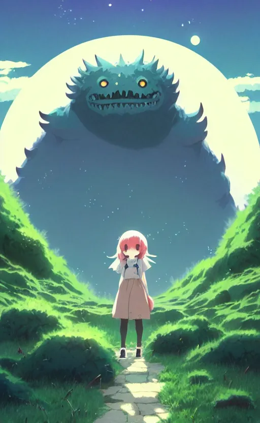 Prompt: a cute monster card from 1 9 5 0, illustration, clear sky background, lush landscape, concept art, anime key visual, trending pixiv fanbox, by wlop and greg rutkowski and makoto shinkai and studio ghibli and kyoto animation, symmetrical facial features, portable monster companion, box art