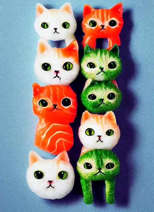 Image similar to clear photorealistic picture of adorable cats made out of sushi