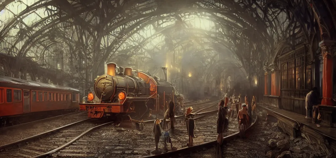 Image similar to some wizard waiting in hogwart train station in quiet dark city, hyper detailed, orange red blue tones dramatic lighting, cgsociety, realistic, hyper detailed, insane details, intricate, dramatic lighting, hypermaximalist, golden ratio, rule of thirds, octane render, weta digital, micro details, ultra wide angle, artstation trending, 8 k,